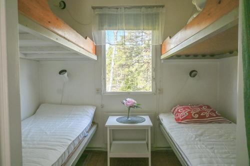 2 Betten in einem kleinen Zimmer mit Fenster in der Unterkunft Rolfskärrs Stugby in Nygård