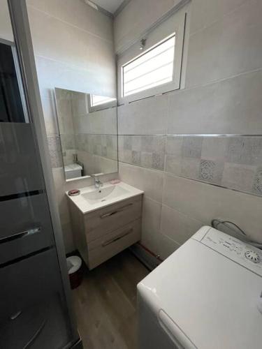 une petite salle de bain avec un lavabo et un miroir dans l'établissement Joli Studio Cabine 1ère ligne avec parking privé, à Palavas-les-Flots