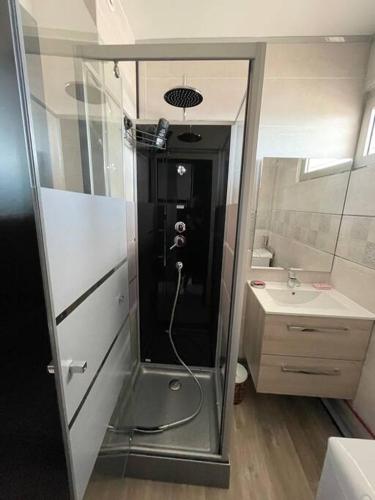 une salle de bain avec douche et lavabo dans l'établissement Joli Studio Cabine 1ère ligne avec parking privé, à Palavas-les-Flots