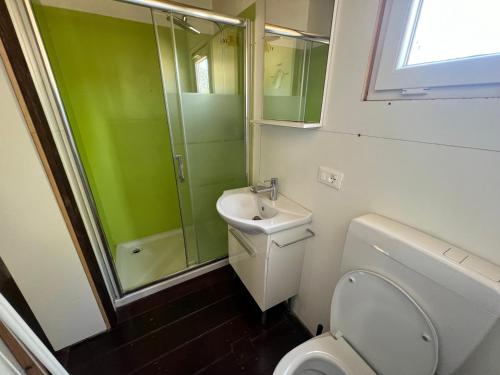 a bathroom with a toilet and a sink and a shower at Chalet sulla spiaggia in Sottomarina