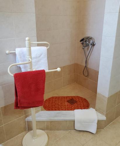 a bathroom with a shower with red and white towels at Phyllida Guest House - A1 in Zacharo