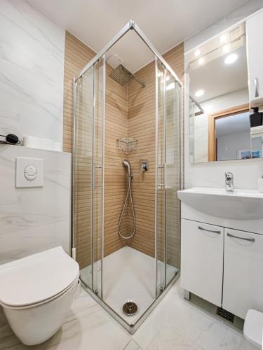 a bathroom with a shower and a toilet and a sink at Villa Marino in Makarska, private pool in Makarska