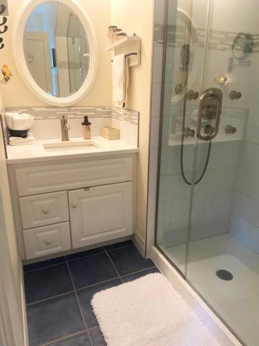 a bathroom with a shower and a sink at Cottage on Caledonia Bed & Breakfast in Stratford