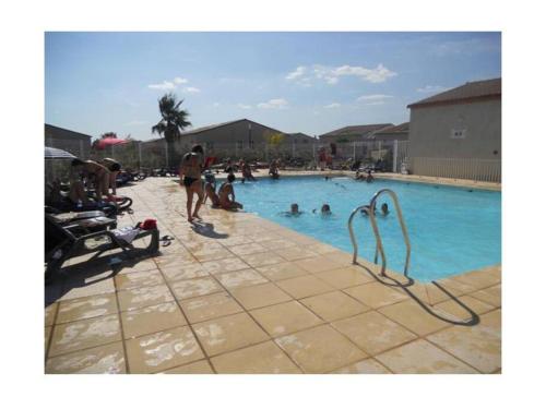 un groupe de personnes dans une piscine dans l'établissement Agréable Villa en petite Camargue 35 m2 WIFI, à Gallargues-le-Montueux