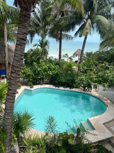 a large blue swimming pool next to the beach at Casa Tom Tom in Holbox Island