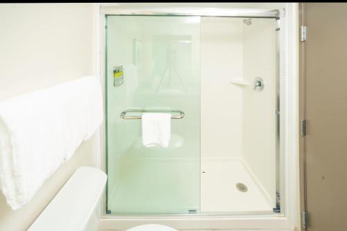 y baño con ducha y puerta de cristal. en Candlewood Suites Charleston – Mt. Pleasant, an IHG Hotel, en Charleston