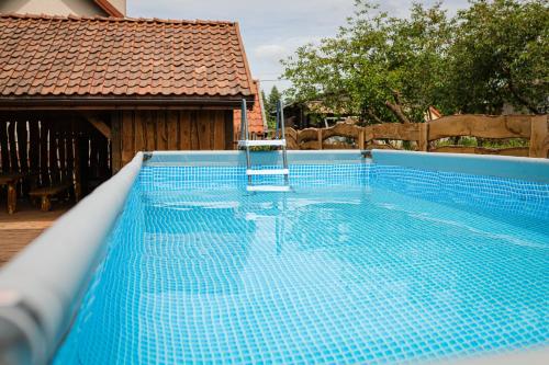 a large swimming pool with a blue tiled at Domy pod 12-stką in Mrągowo