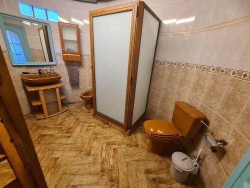 a bathroom with a brown toilet and a sink at Refugio Finca El Canu in Valdaliga 