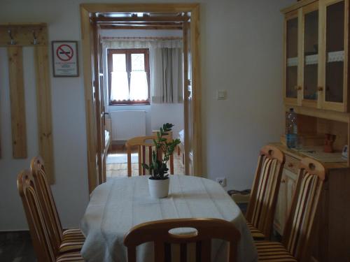 a dining room table with a potted plant on it at Gerendás Vendégház in Sótony