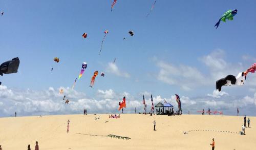 a group of people flying kites on a beach at FFR114 - Nemo's Retreat in Kill Devil Hills