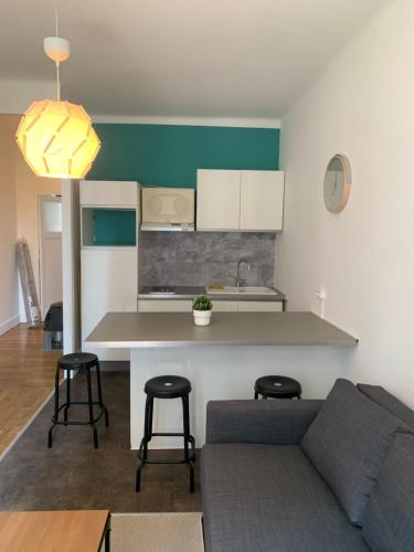 un salon avec un canapé et une cuisine dans l'établissement Appartement T3 Lyon, part Dieu, à Lyon