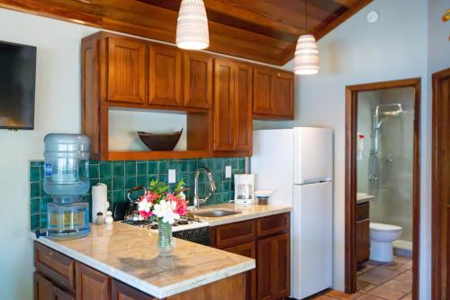 eine Küche mit Holzschränken und einem weißen Kühlschrank in der Unterkunft Isla Bonita Yacht Club in San Pedro