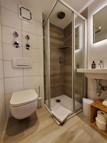 ein Bad mit einer Dusche, einem WC und einem Waschbecken in der Unterkunft Ferienwohnung Gipfelstürmer in Berchtesgaden
