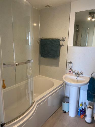 a bathroom with a tub shower and a sink at Old Co Op House -Forest of Dean in Bream