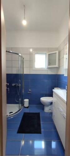 a blue and white bathroom with a shower and a toilet at Sissy Villas 1 in Poros