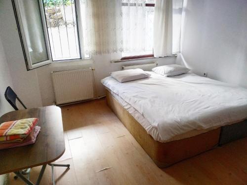 1 dormitorio con cama, escritorio y ventana en Ceylan Köşk Apartman en Estambul