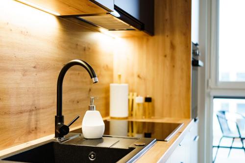 eine Küche mit einem schwarzen Waschbecken und einem Backofen in der Unterkunft Apartamenty Jawor Fire Energy Jawor in Jawor