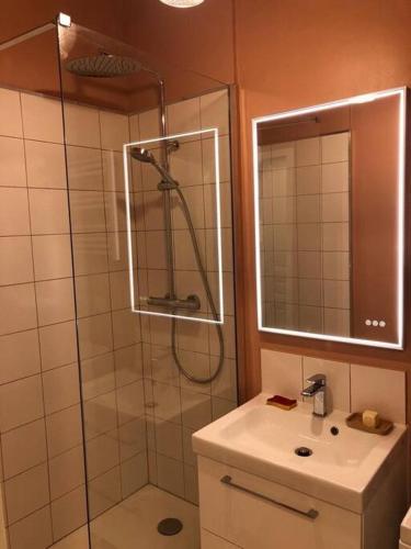 une salle de bain avec douche et lavabo dans l'établissement Appartement Vieux-Port/ 2 min du métro Estrangin, à Marseille