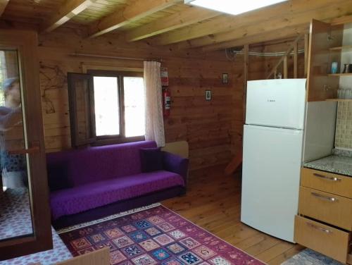 a living room with a purple couch and a refrigerator at Ayder Rainbow Gokkusagi in Ayder Yaylasi