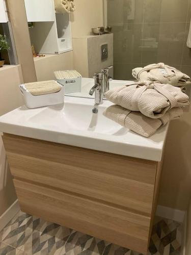 La salle de bains est pourvue d'un lavabo et de serviettes. dans l'établissement Luxury One bedroom with garden, à Vallauris