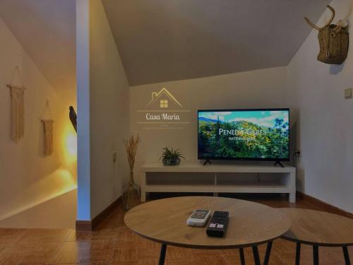 ein Wohnzimmer mit einem TV und einem Couchtisch in der Unterkunft Casa Maria in Terras de Bouro
