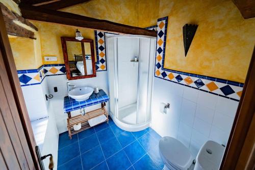 a bathroom with a shower and a toilet and a sink at Casa Rural Álamo Grande in Layos