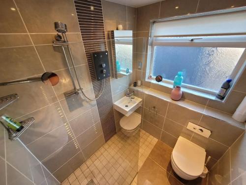 een badkamer met een douche, een toilet en een wastafel bij Bungalow a few minutes from the sea. in The Mumbles