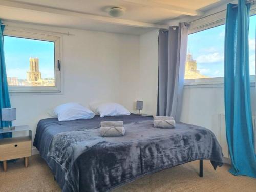 エクス・アン・プロヴァンスにあるTriplex Les Cordeliers - climatisationのベッドルーム1室(青いカーテン付きの大型ベッド1台付)