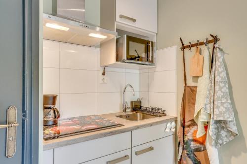 uma cozinha branca com um lavatório e um balcão em B&B Wicherumloo em Wekerom