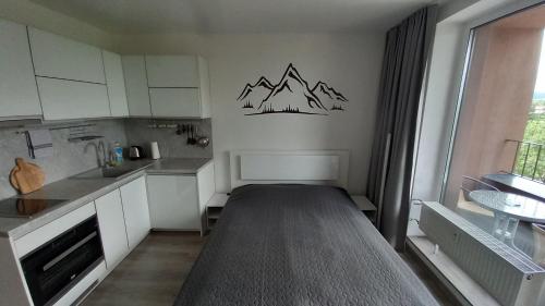 a small kitchen with mountains on the wall at Mountain View Studio Apartment in Poprad