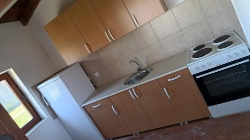 a kitchen with wooden cabinets and a sink and a stove at Villa Diiva Čurug in Čurug