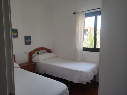 zwei Betten in einem Zimmer mit Fenster in der Unterkunft Atlanterra - Mar de Plata in Zahara de los Atunes