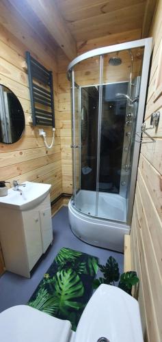 a bathroom with a shower and a sink at Leśne Zacisze in Łuka