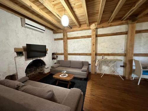 a living room with two couches and a tv at Faralya Villa in Fethiye