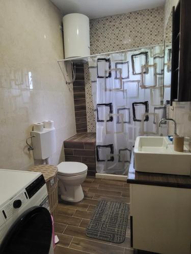 e bagno con servizi igienici, lavandino e doccia. di Novi Relax apartment a Herceg-Novi