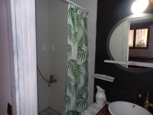 a bathroom with a shower curtain and a sink at Apartamentos Jose Andres in Viana