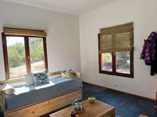 Los MollesにあるCon vista a las sierras, Villa Las Rosas, Traslasierras, Cordobaのベッドと2つの窓がある寝室