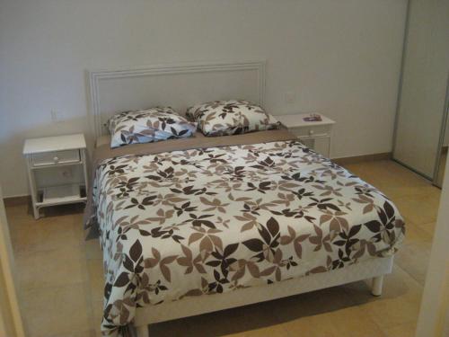 um quarto com uma cama e duas mesas de cabeceira em Rez de villa, 2 pièces, 2 à 4 pers, à 250 m plage et centre-ville em Cavalaire-sur-Mer