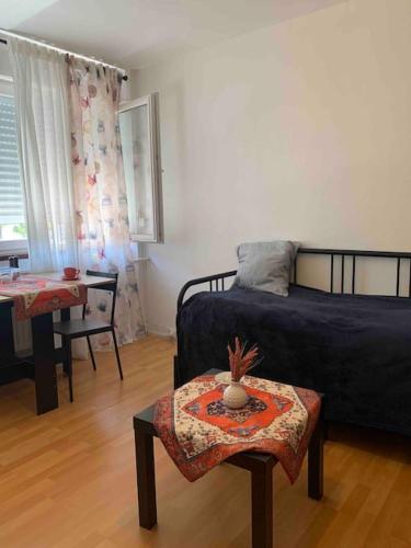 un salon avec un lit et une table dans l'établissement Studio lumineux, à Strasbourg