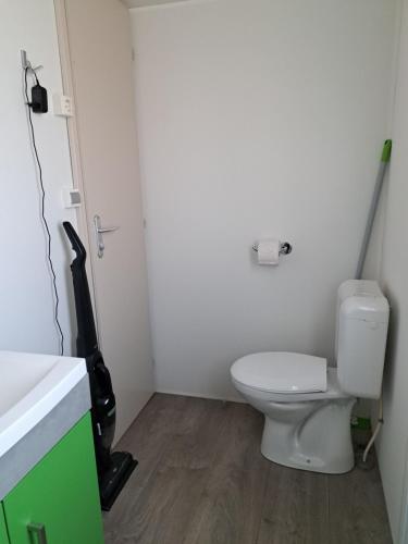 a bathroom with a white toilet in a room at Mobilheim / Chalet in Seekirchen am Wallersee