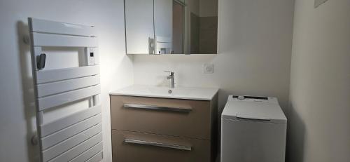 une petite cuisine blanche avec un évier et un lave-linge dans l'établissement Sur la route des plages, à Saint-Philibert