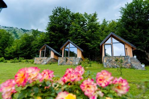 two cottages with windows in a field with flowers at HANI CEPIT in Librazhd