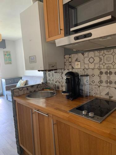 une cuisine avec un évier et un plan de travail dans l'établissement Studio - bord de mer, à Saint-Mandrier-sur-Mer