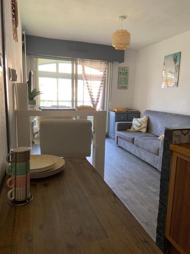 un salon avec un canapé et une table dans l'établissement Studio - bord de mer, à Saint-Mandrier-sur-Mer