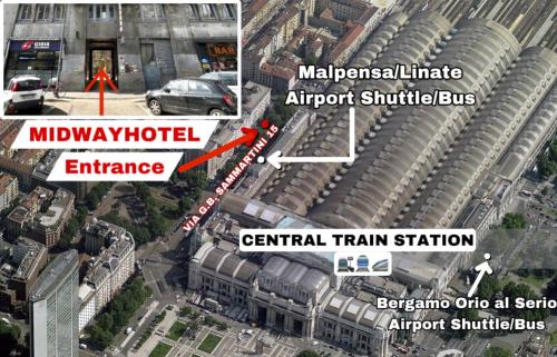 un mapa de un edificio con una flecha roja apuntando a un servicio de enlace con el aeropuerto en Hotel Midway en Milán