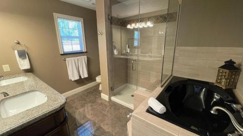 a bathroom with a shower and a sink and a tub at Great Escape in New Buffalo