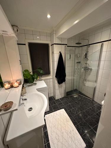 a white bathroom with a sink and a shower at Remarkable 2-Bed Apartment in Tromso in Tromsø