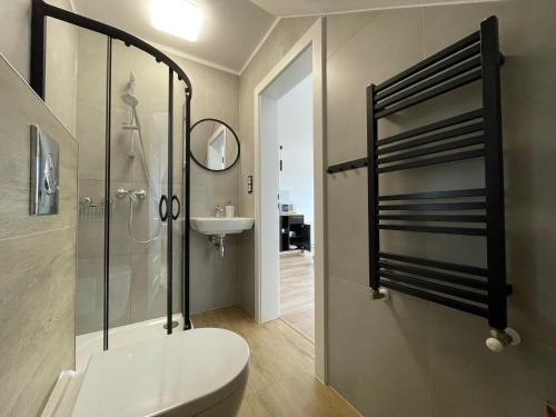 a bathroom with a shower and a toilet and a sink at Avilla Apartamenty in Łeba