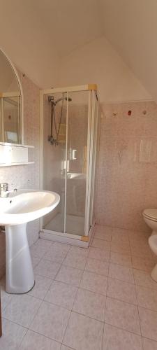 ein Bad mit einem Waschbecken, einer Dusche und einem WC in der Unterkunft Casa Emma in Suvereto