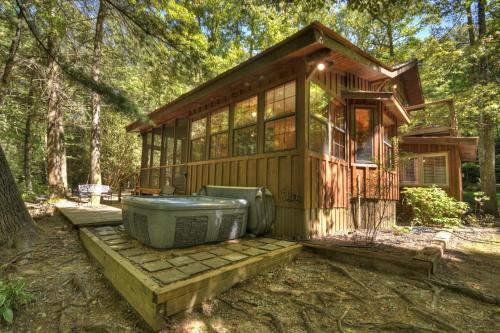 a tiny house with a television and a tub at Keepin it Reel in Ellijay